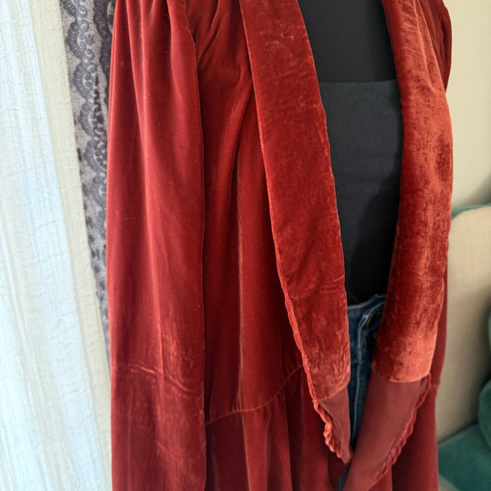 Rare Free People Crushed Velvet Rust Red Swing Coat Duster Jacket Open Front S - Picture 6 of 8